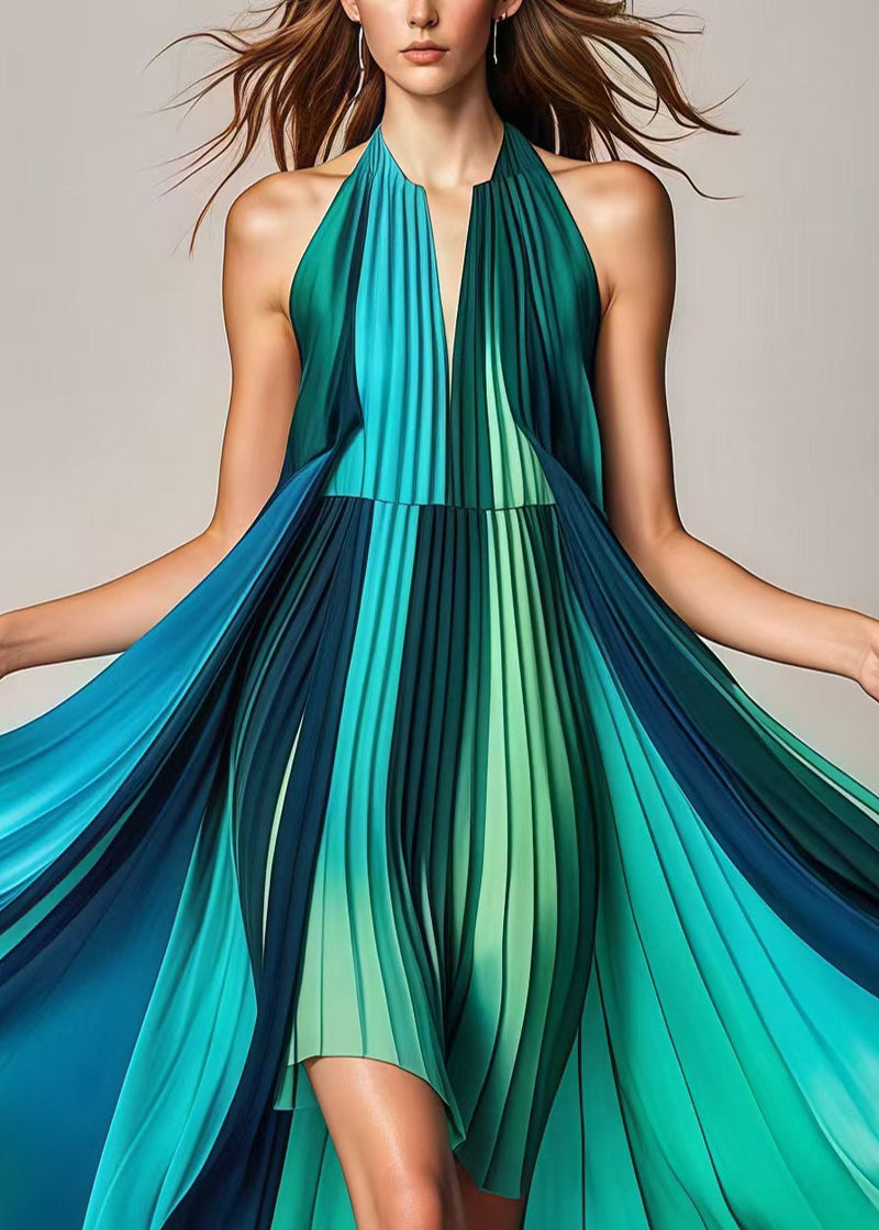 Gradient Color Asymmetrical Exra Large Hem Silk Pleated Dresses Summer