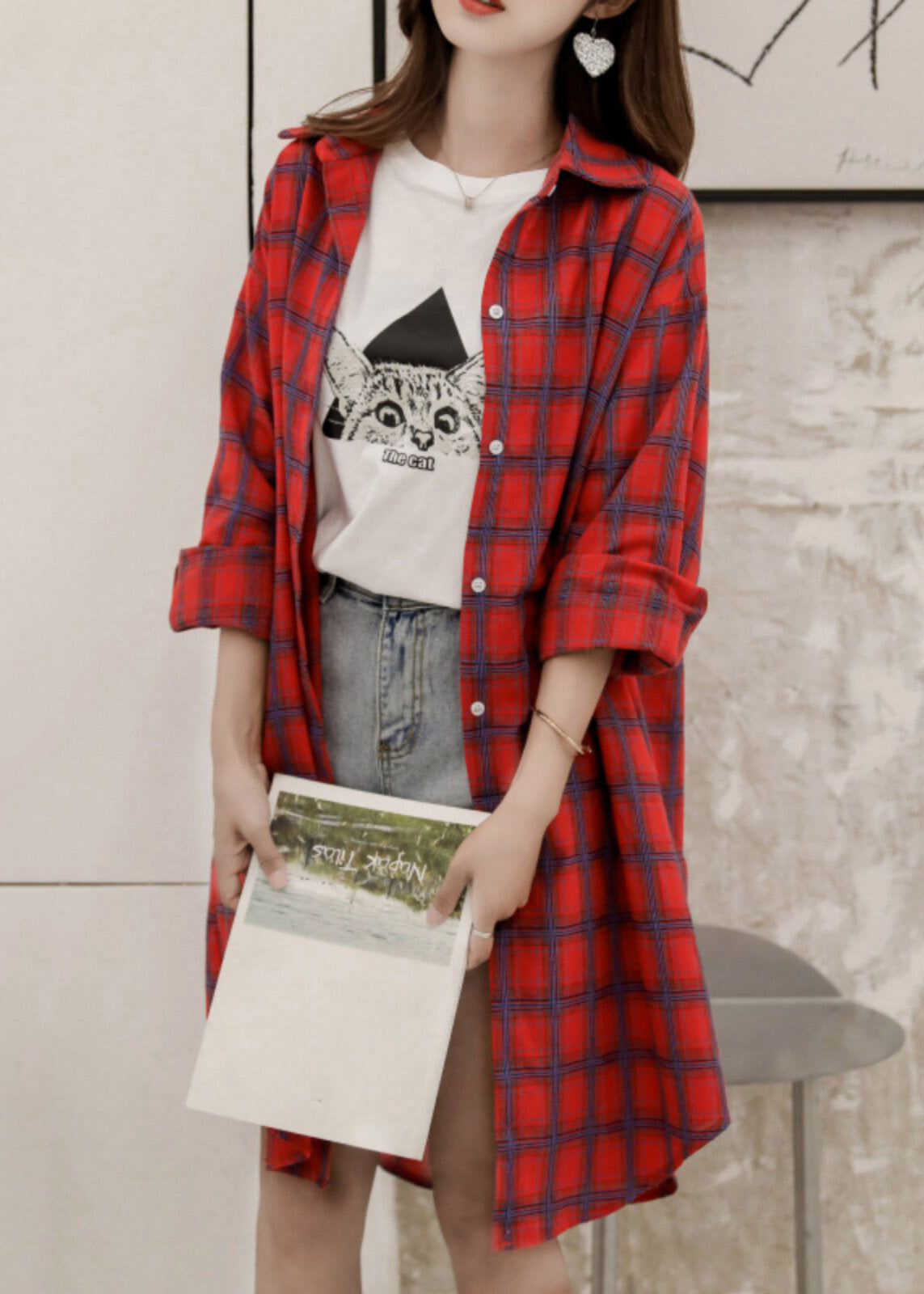 Yellow Peter Pan Collar Plaid Button Long Shirt Spring