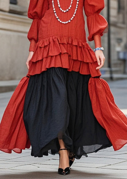 Red Ruffled Patchwork Cotton Vacation Dresses Lantern Sleeve
