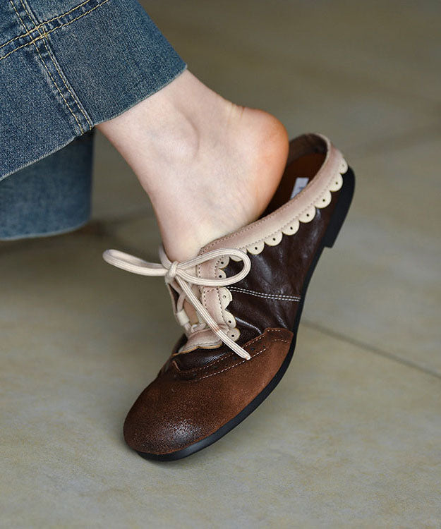 Chocolate Flat Embossed Lace Up Cowhide Leather Slippers