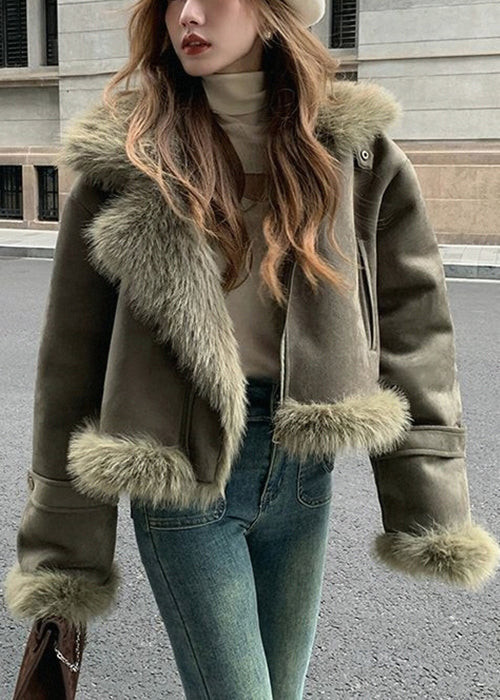 Blackish Green Fur Collar Patchwork Faux Suede Parkas Winter