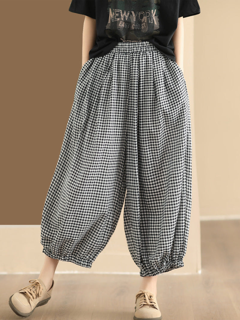 Summer Plaid Cotton Harem Pants