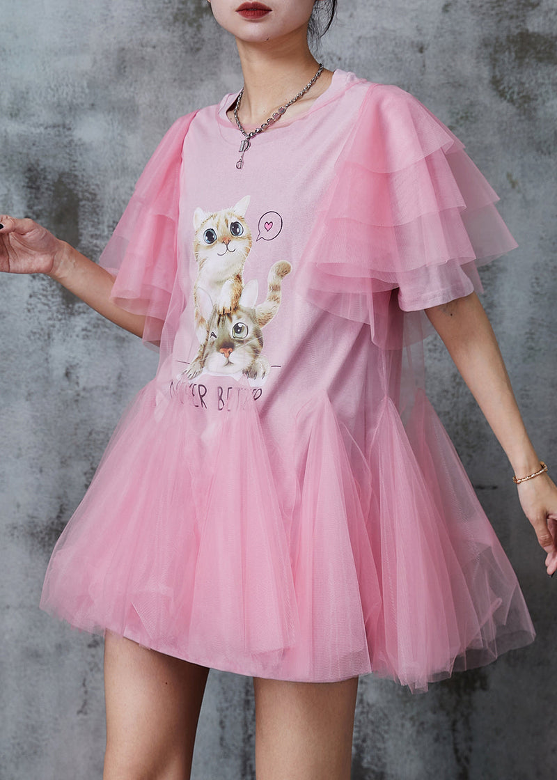 Italian Pink Cat Print Tulle Minin Dress Summer