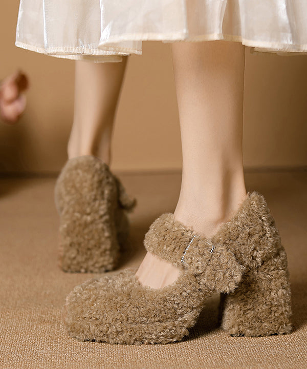 Khaki Chunky Buckle Strap Faux Fur Splicing High Heels