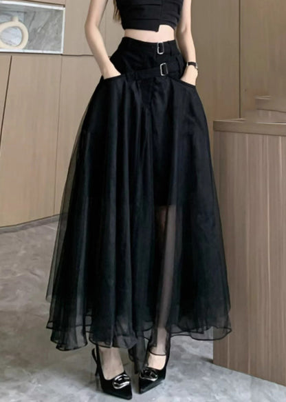 Black Sashes Pockets Tulle a Line Skirts Summer