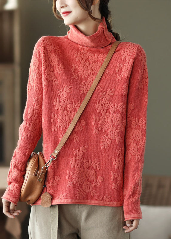 Orange Thick Knit Sweater Tops Jacquard Spring