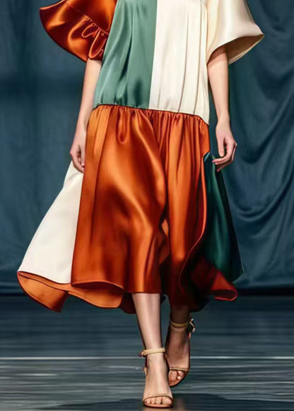 Fine Colorblock Asymmetrical Patchwork Silk Party Dress Summer