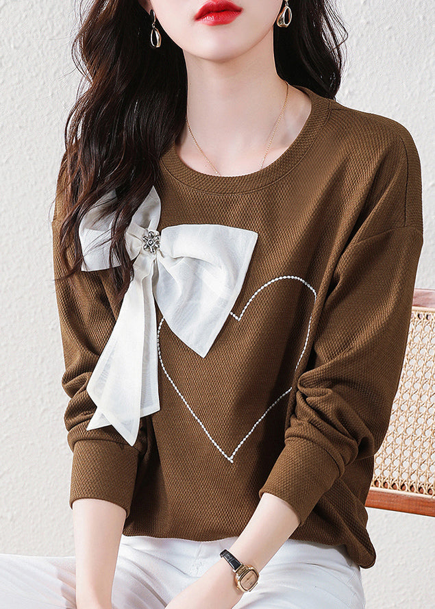 Stylish Coffee O Neck Bow Cotton Sweatshirt Spring