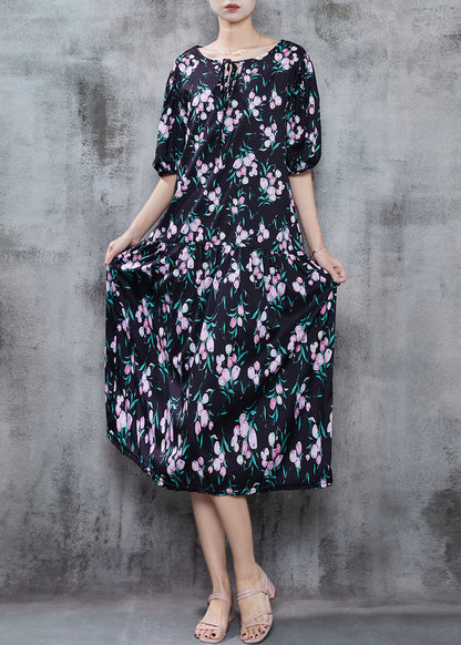 Black Oversized Print Chiffon Holiday Dress Summer