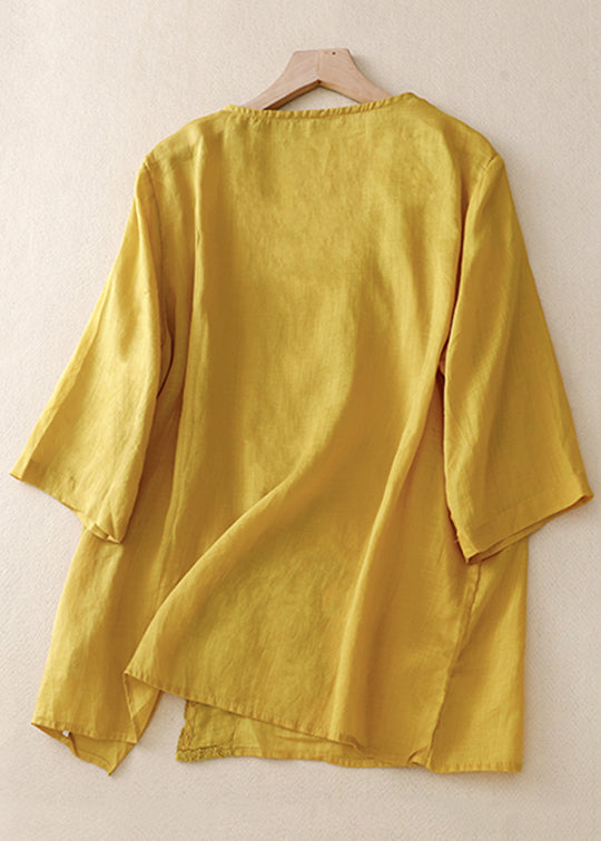 Yellow V Neck Lace Linen Top Half Sleeve