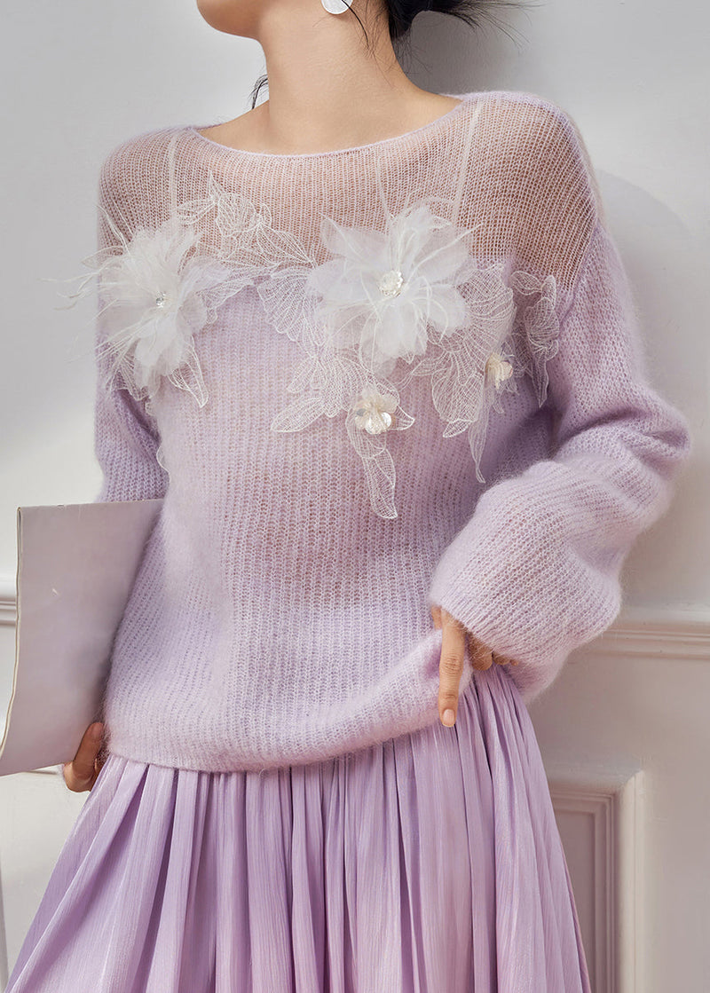 Italian Purple Hollow Out Patchwork Knit Sweater Spring