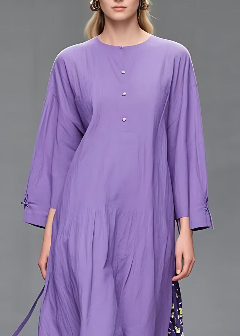 Simple Purple O-neck Print Patchwork Long Dress Fall