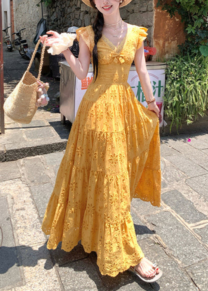 Yellow Embroidered Cotton Robe Dresses Summer