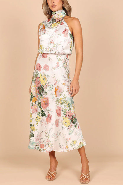 Wine Country Dates Halter Neck Elastic Waist Party Midi Dress