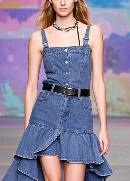 Blue Asymmetrical Patchwork Denim Wraped Skirts Spring