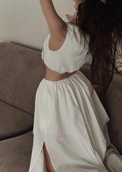Brief White O-neck Vest and Side Open Maxi Skirts Two Piece Set Summer