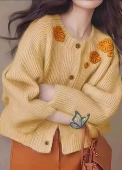 French Yellow Decorated Thick Knit Cardigan Winter
