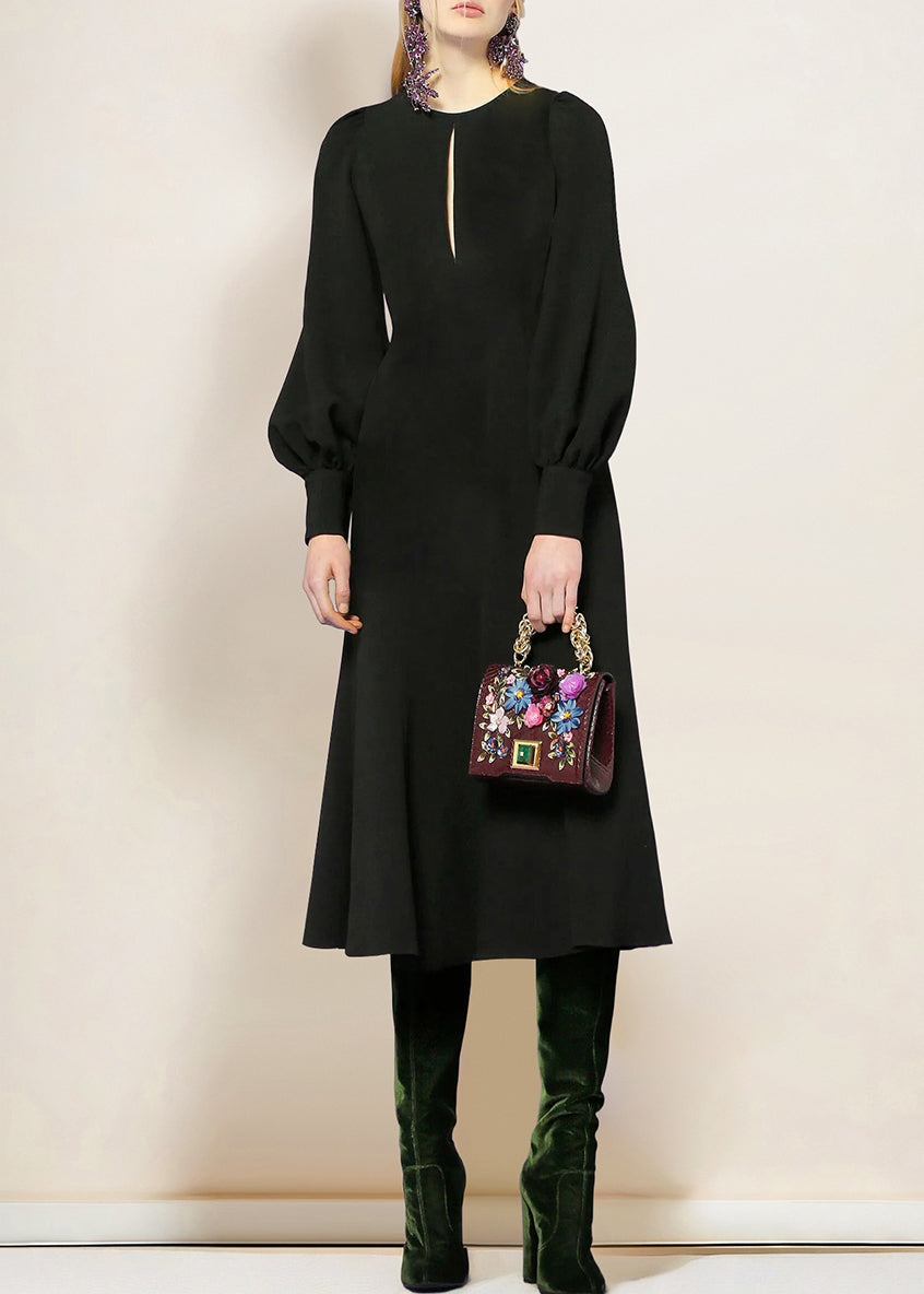 Black O-neck Cotton Dress Lantern Sleeve