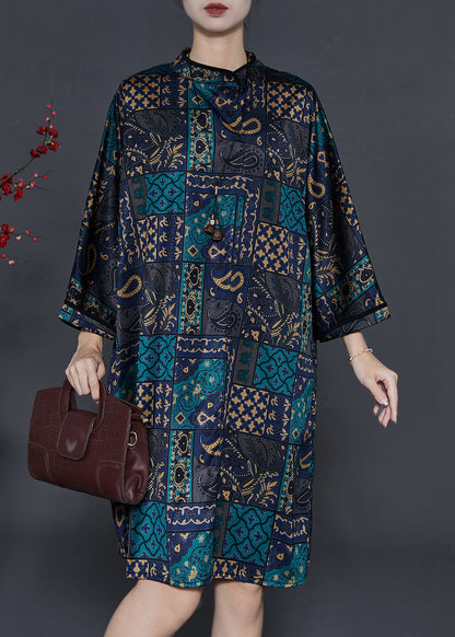 Black Stand Collar Print Silk Work Dress Fall