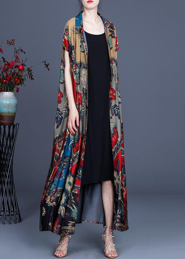 Stylish Red Grey Print Summer Peter Pan Collar Cardigan Long