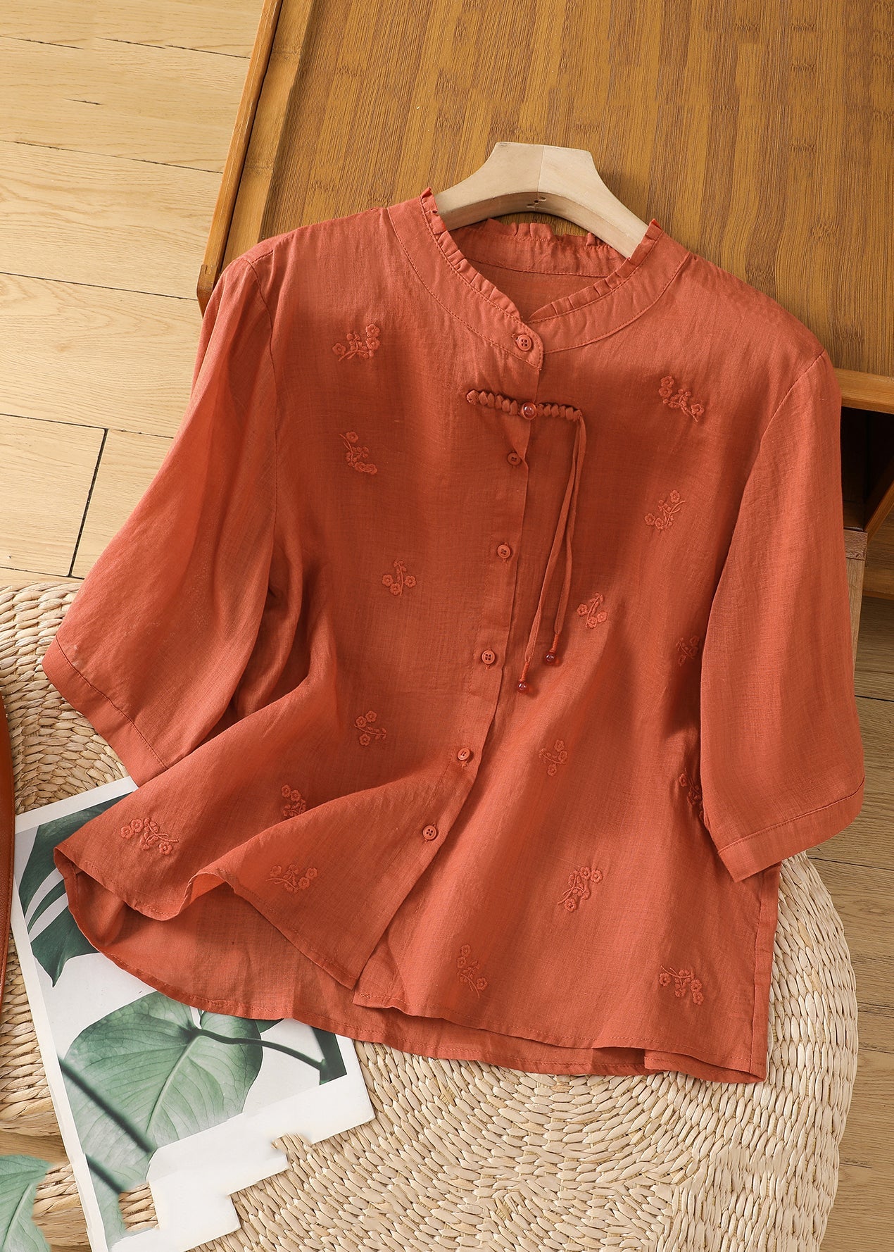 Green Stand Collar Embroidered Shirts Summer