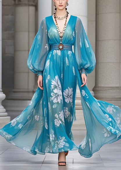 Blue Cinched Print Chiffon Robe Dresses Lantern Sleeve