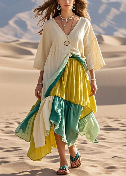 Khaki Asymmetrical Patchwork Cotton Maxi Dresses Bracelet Sleeve