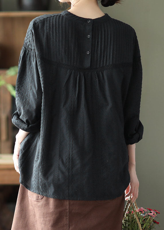 Black Hollow Out Wrinkled Cotton Shirt Top Spring