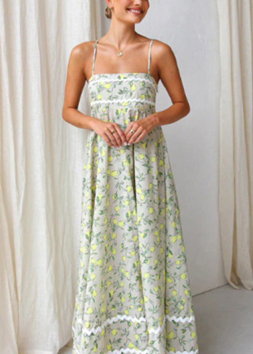 Green Print Patchwork Cotton Spaghetti Strap Dress Summer