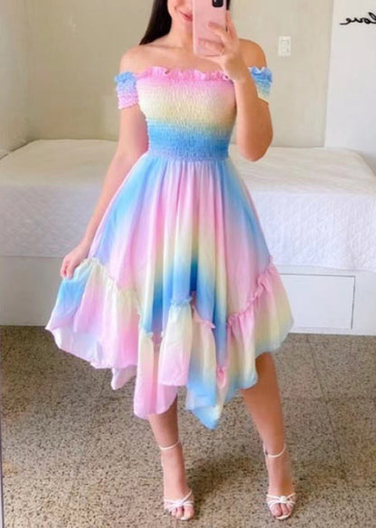Sunflower Slash Neck Print Ruffled Cotton Dress Summer