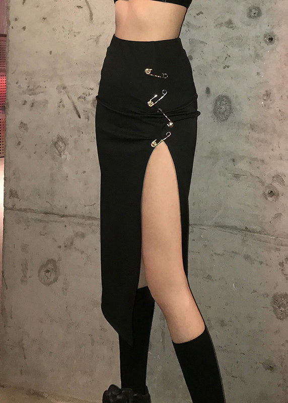Black High Waisted Pin Embellished Split Buttocks Skirts Summer