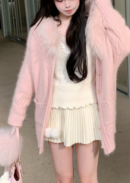 Pink Raccoon Hair Collar Button Cotton Knit Cardigan Spring