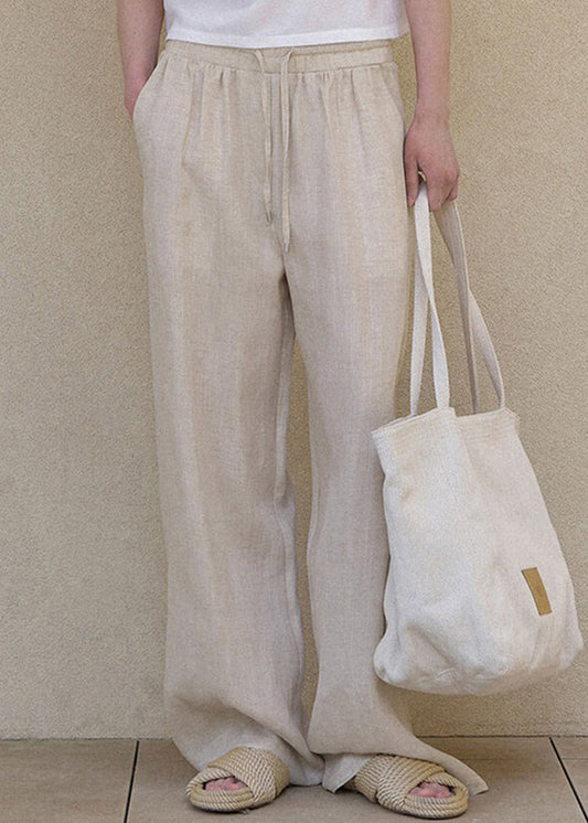 Pockets Elastic Waist Linen Straight Pants Spring
