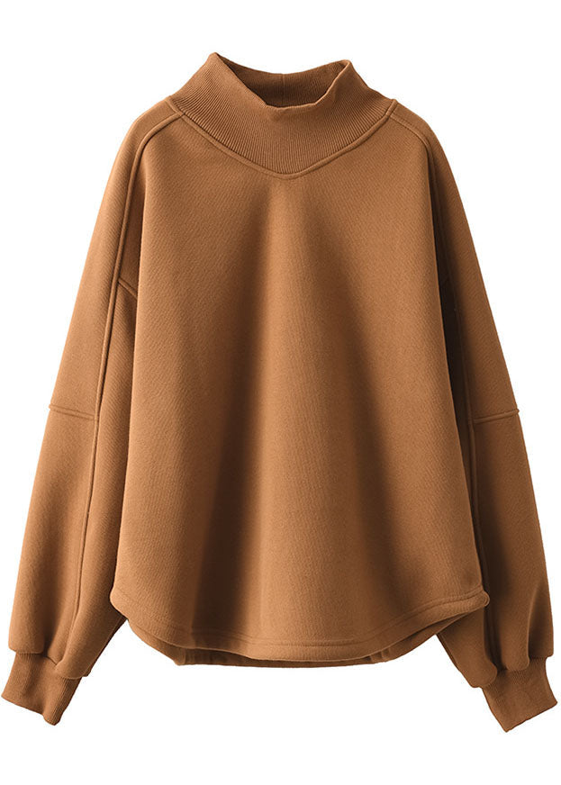 Brown Stand Collar Oversized Warm Fleece Sweatshirt Winter