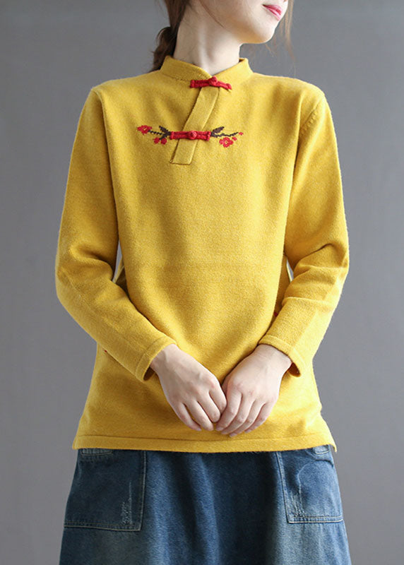 Yellow Stand Collar Low High Design Embroidered Knit Sweater Spring