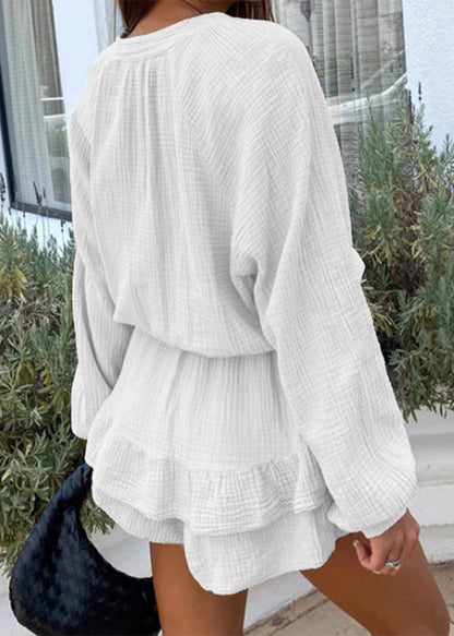 New White Lace Up Cotton Mid Dress Spring