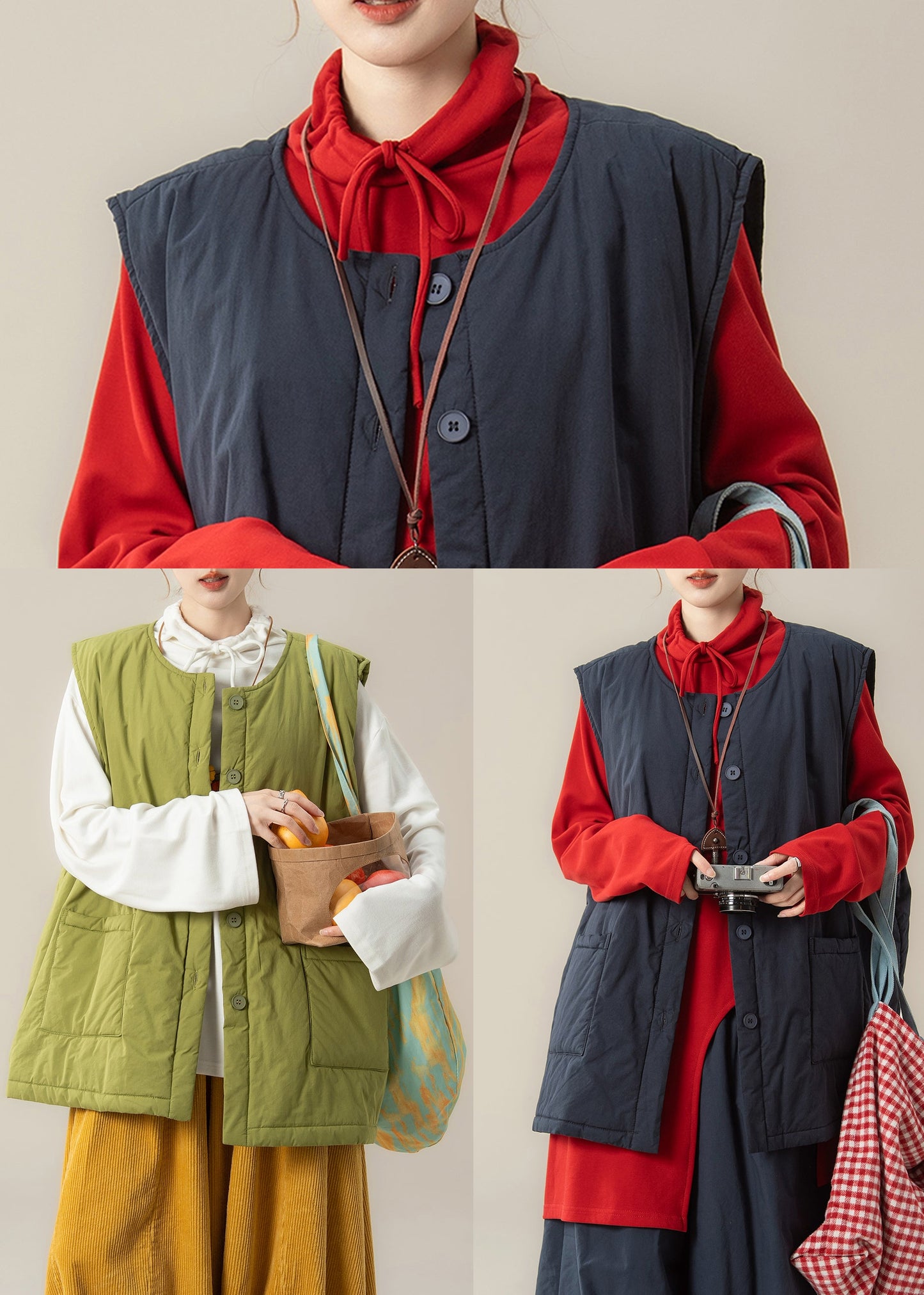 Green Oversized Pockets Fine Cotton Filled Winter Vests