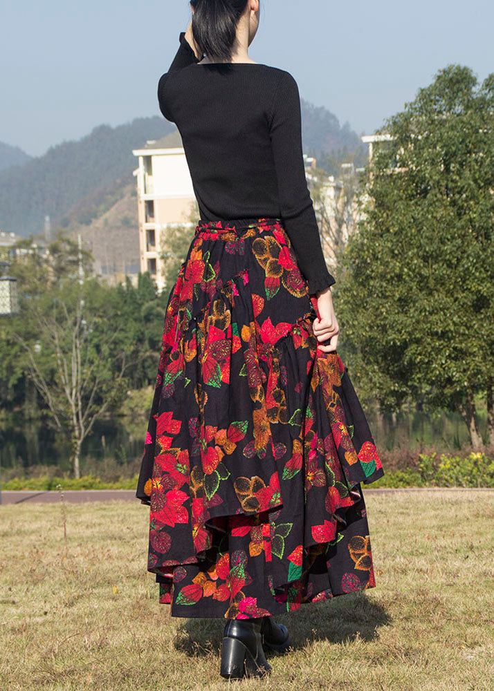 Wrinkled Asymmetrical Print Patchwork Cotton Skirt Fall