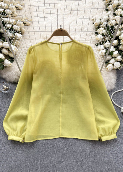 Yellow O Neck Chiffon Shirts Long Sleeve