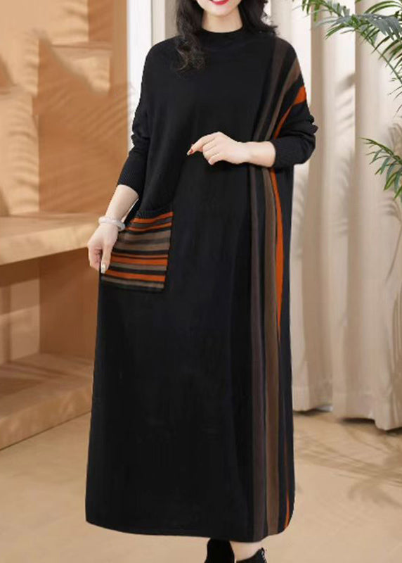 Black O-neck Striped Patchwork Thick Cotton Knit Long Dress Winter