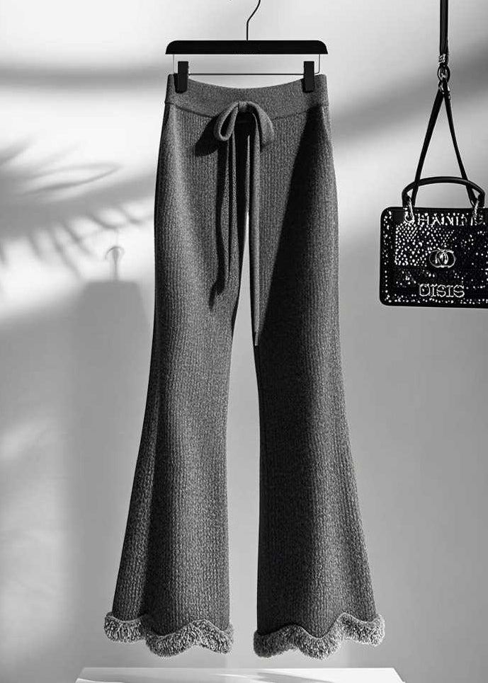 Grey Cozy Elastic Waist Knit Flared Trousers Fall