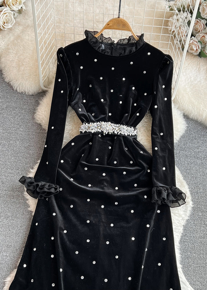 Black Ruffled Stand Collar Patchwork Zircon Flattering Silk Velvet Long Dresses Winter