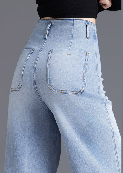 Fine Light Blue High Waist Denim Straight Crop Pants Spring