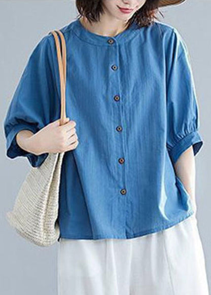 Navy O-neck Button Linen Blouses Half Sleeve