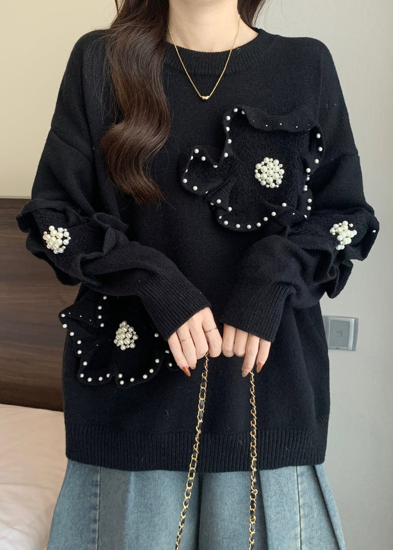 French Rose O Neck Nail Bead Knit Sweater Tops Spring