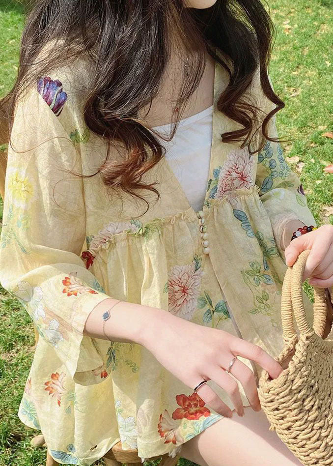 Green V Neck Print Linen Shirt Bracelet Sleeve
