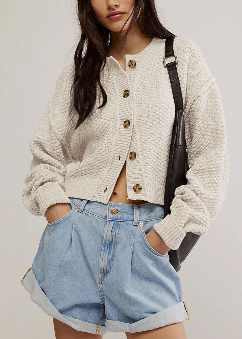 Style Grey O Neck Button Knit Loose Cardigans Fall