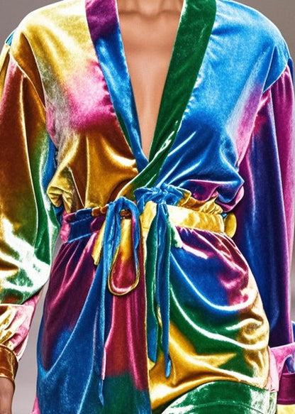 Gradient Color Cinched Silk Velour Blouse Tops Fall