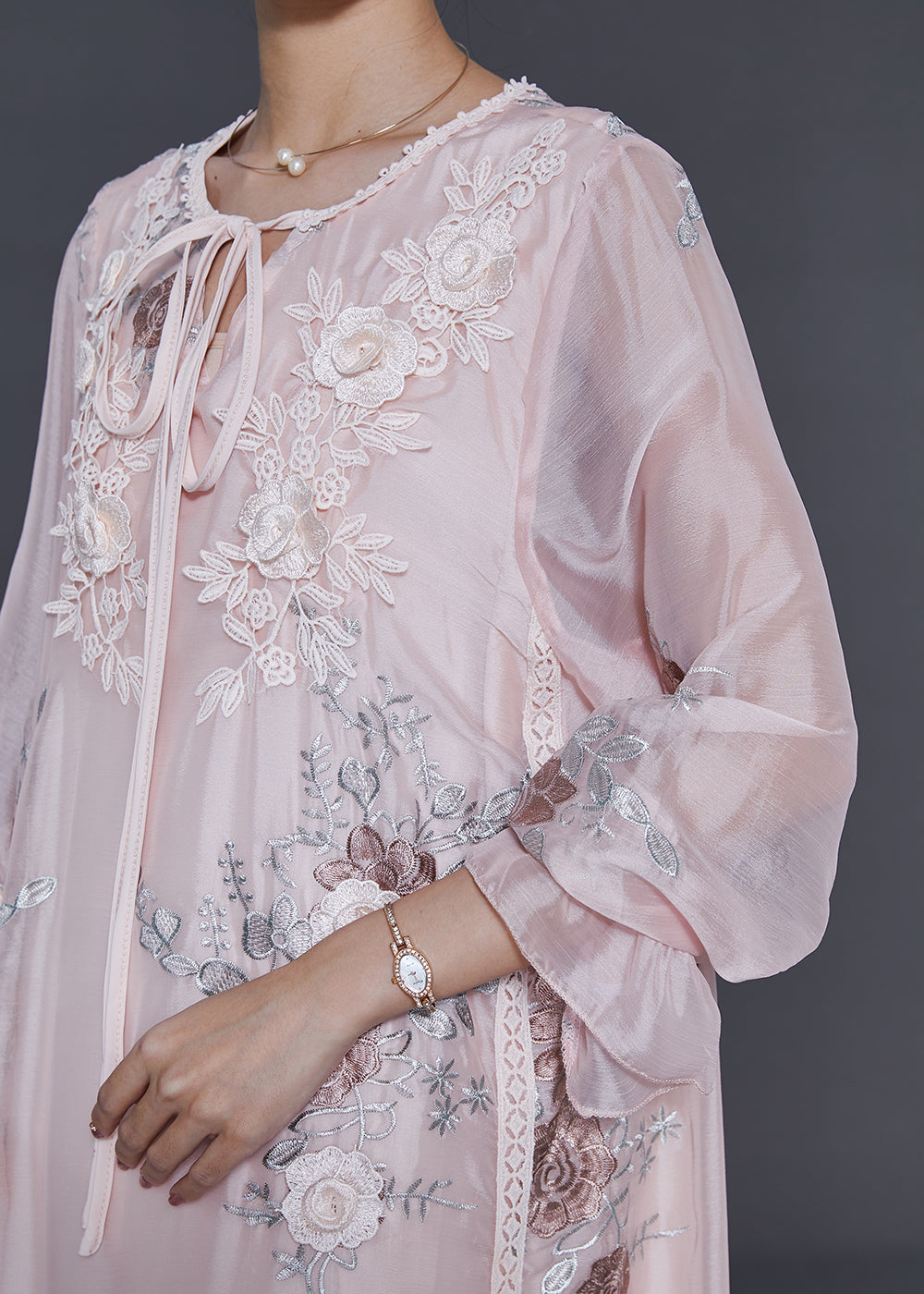 Light Pink Embroidered Silk Holiday Dress Fall