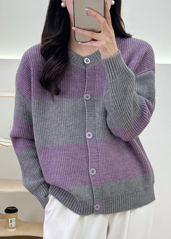 Grey Striped Button Knit Cardigan Fall